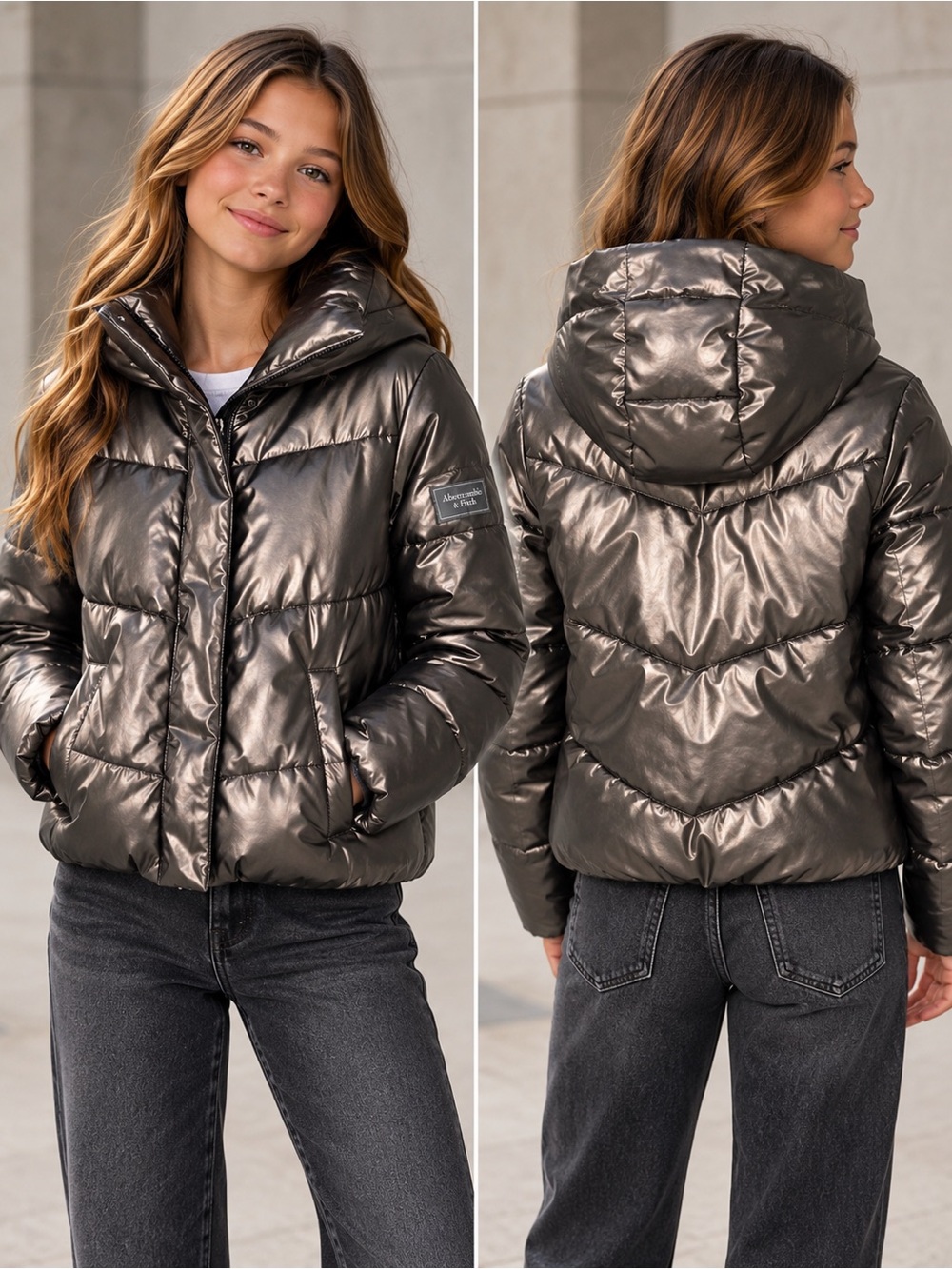 Abercrombie Kids Metallic Gunmetal Puffer Jacket Hooded Fleece Lined Size 11/12